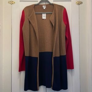 Open front multi colored long buttonless cardigan sweater. NWT, never worn!